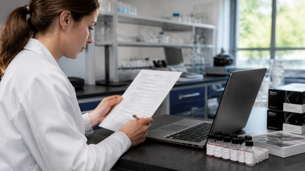 A laboratory researcher in a white coat reviewing a printed checklist next to a laptop displaying supplier documentation in a bright lab setting
