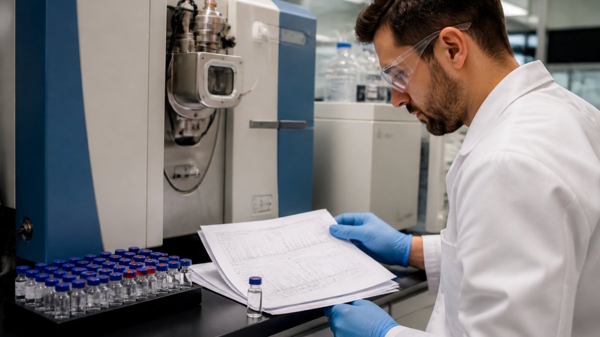 Professional laboratory technician examining mass spectrometry equipment with peptide sample vials and printed analytical reports on the workbench under bright laboratory lighting